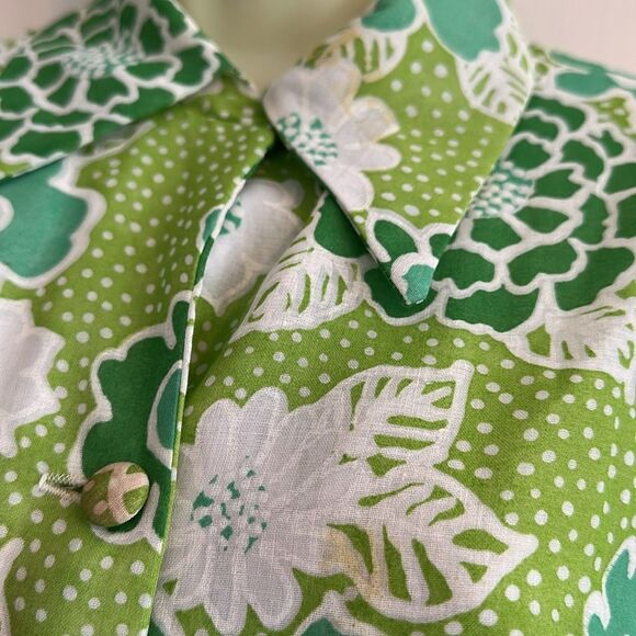 Vtg 60s Serbin of Florida Flower Power Green & White Button Front Maxi Dress - Picture 4 of 8